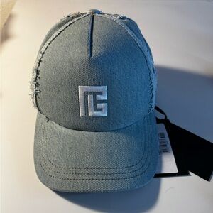Balmain cap blue jean denim monogram embroidered logo NWT RARE